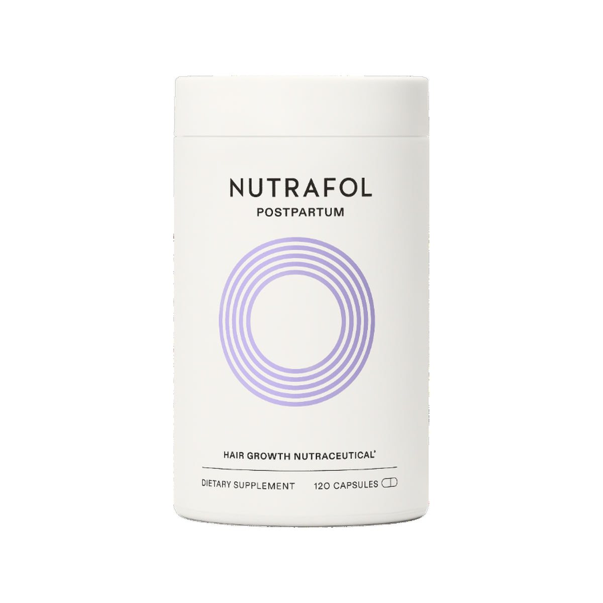 A white cylindrical bottle of Nutrafol Postpartum dietary supplement with a purple concentric circle logo on a clean white background.