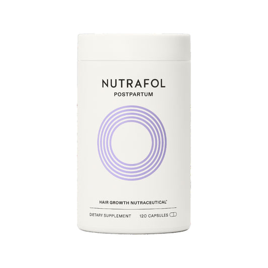 A white cylindrical bottle of Nutrafol Postpartum dietary supplement with a purple concentric circle logo on a clean white background.