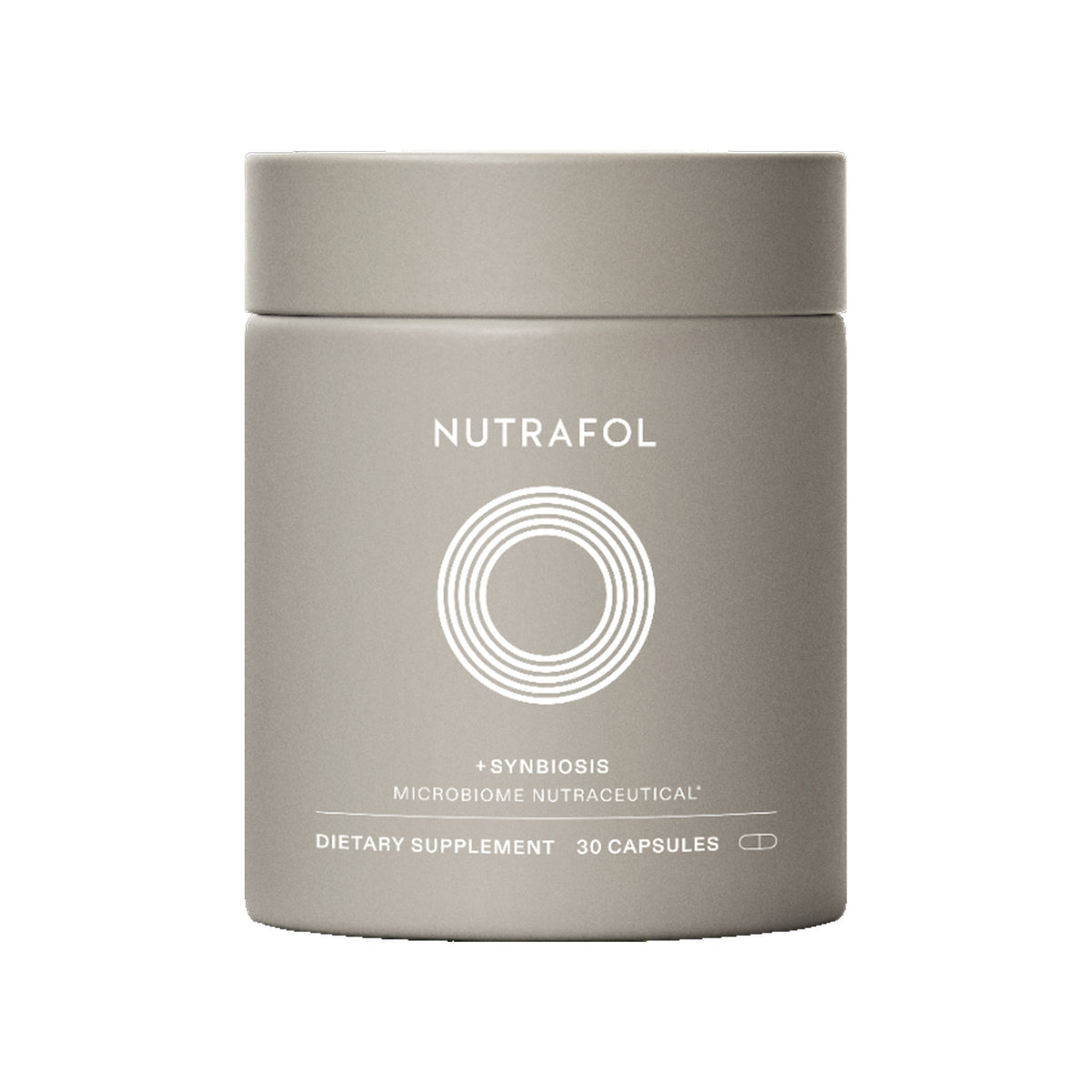 Nutrafol + Synbiosis | Microbiome Nutraceutical grey jar on white background