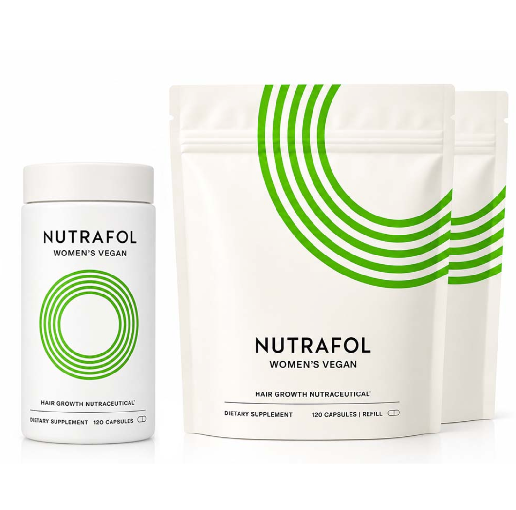 Nutrafol Women's Vegan dietary supplement packaging, featuring a white jar with 120 capsules on the left and two white resealable pouches with green concentric circle graphics on the right, set against a clean white background.