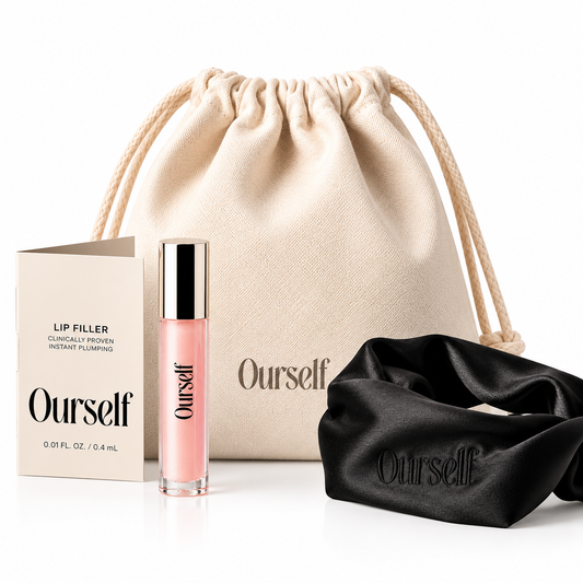 Ourself lip filler set featuring a pink liquid lip filler tube, a cream drawstring pouch, a black satin headband, and a product box on a white background.