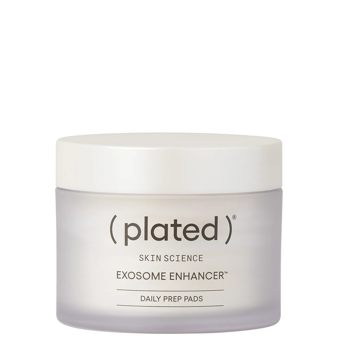 A frosted glass jar of (Plated) Skin Science Exosome Enhancer Daily Prep Pads with a white lid, set against a clean white background.
