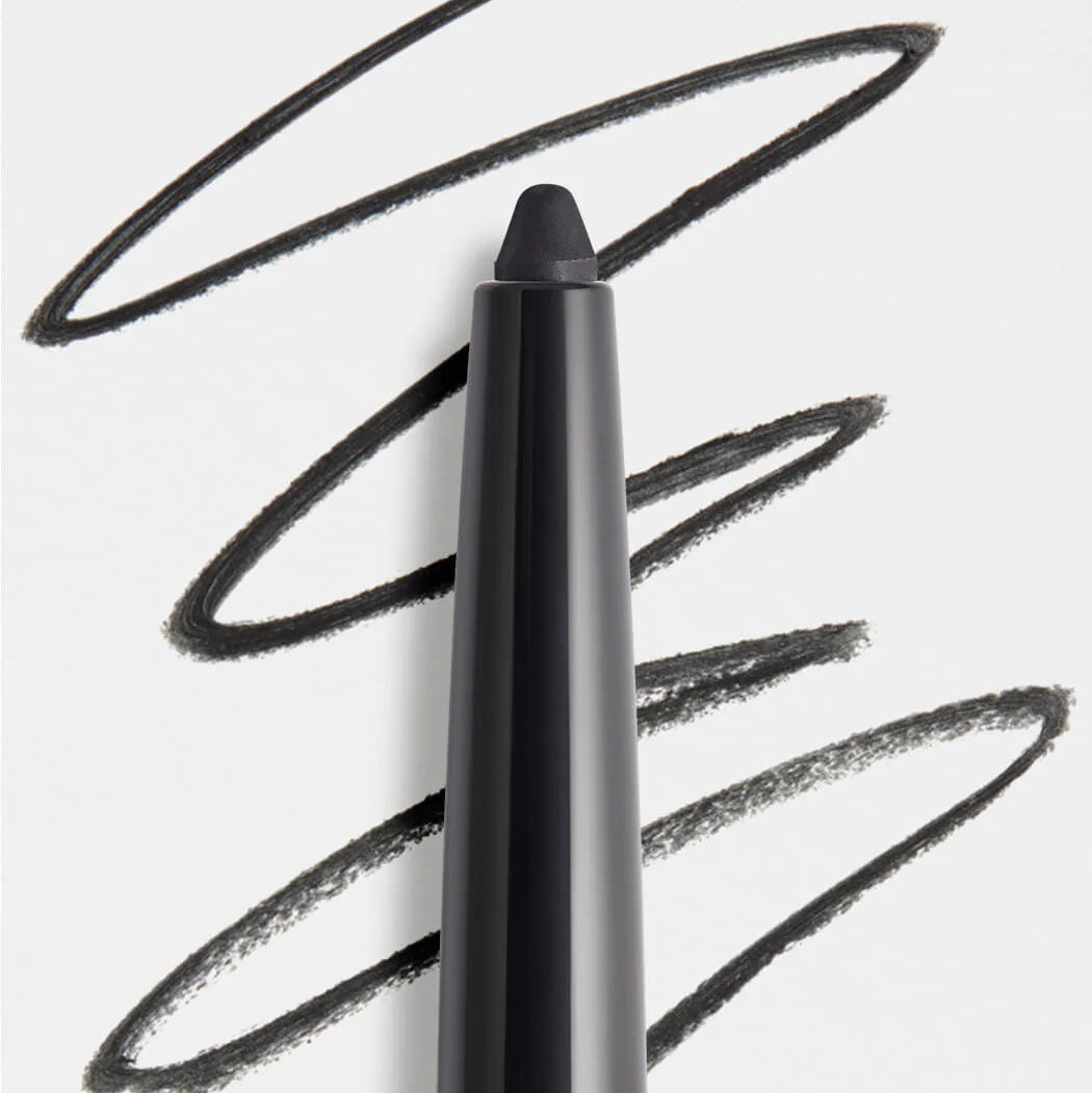 Black eyeliner pencil with swatches on a white background