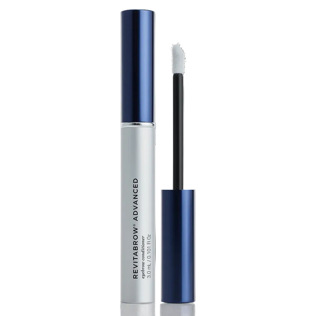 RevitaBrow Advanced eyebrow conditioner with blue and silver packaging on a white background