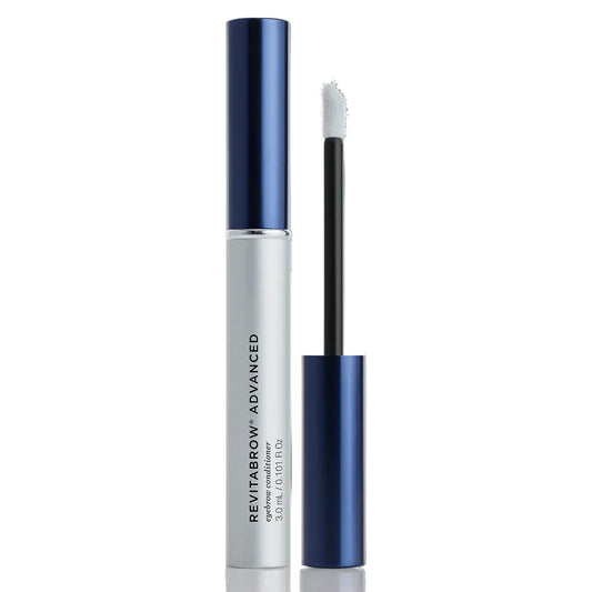 RevitaBrow Advanced eyebrow conditioner with blue and silver packaging on a white background
