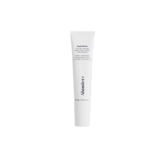 A white squeeze tube of Alumier Hydradew  Hydration Moisturizer, standing vertically against a white background.
