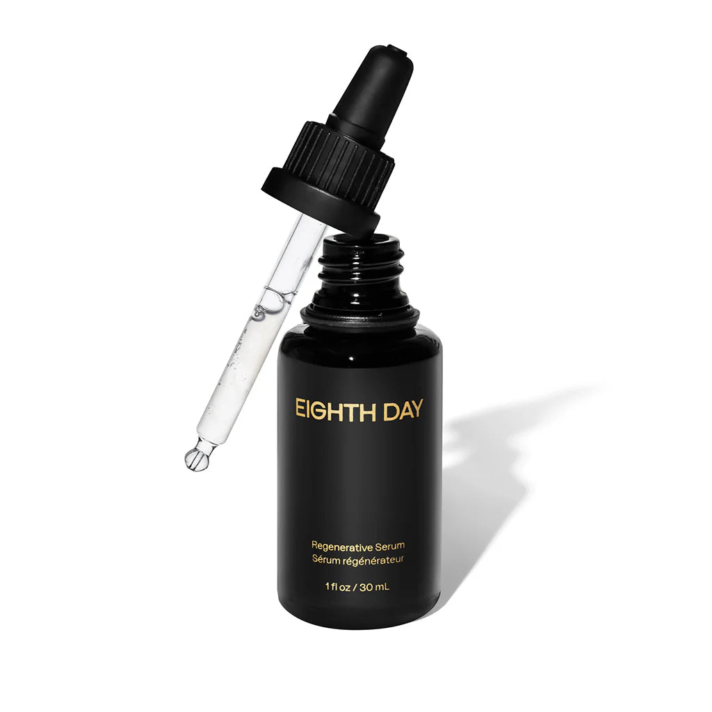 Black serum bottle with dropper labeled 'Eighth Day' on a white background