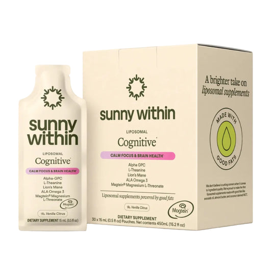 Sunny Within liposomal cognitive supplement bottle and box on a white background