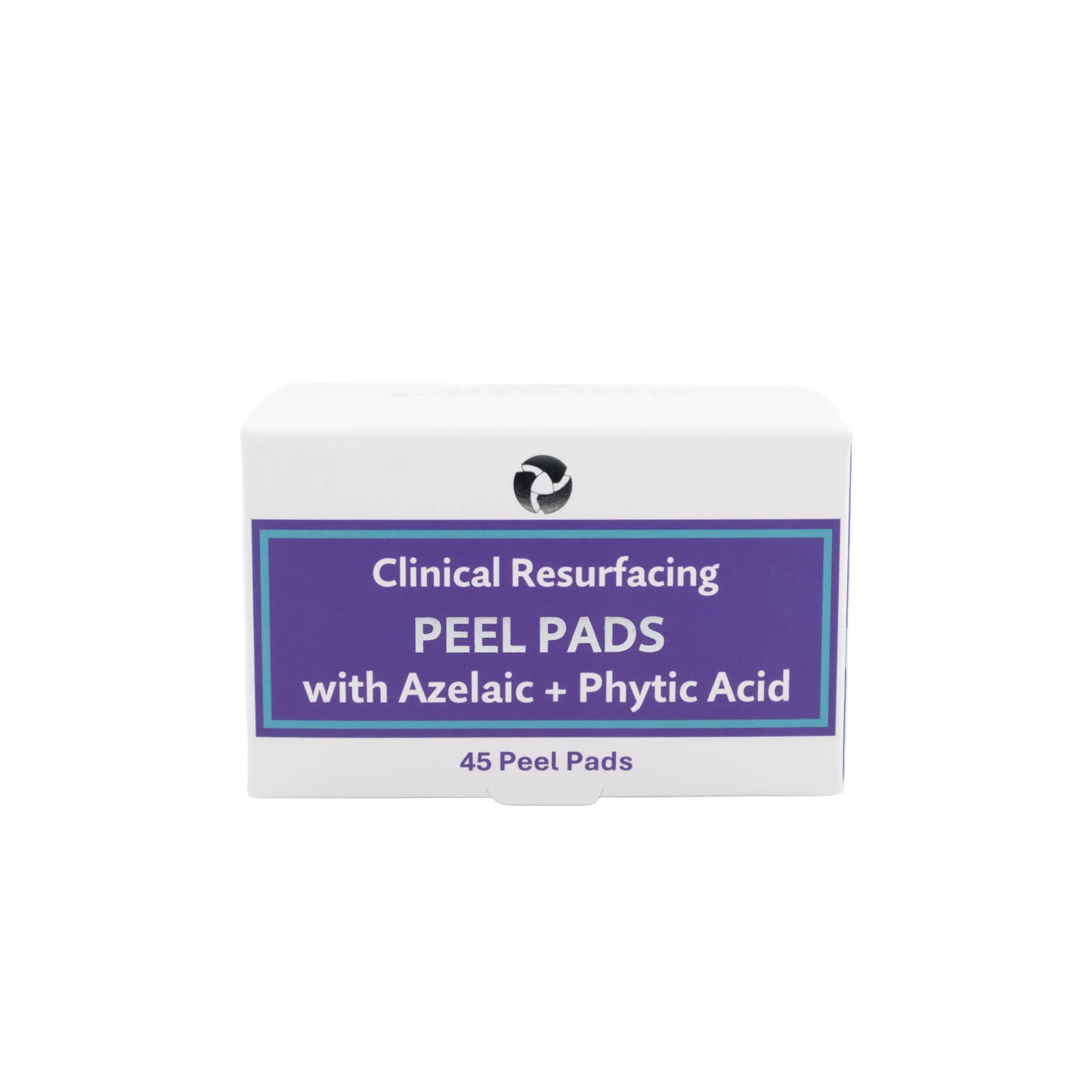 A white rectangular box of peel pads with a purple label reading 'Clinical Resurfacing PEEL PADS with Azelaic + Phytic Acid' and '45 Peel Pads' below, shown on a light gray background.