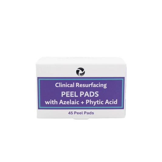A white rectangular box of peel pads with a purple label reading 'Clinical Resurfacing PEEL PADS with Azelaic + Phytic Acid' and '45 Peel Pads' below, shown on a light gray background.
