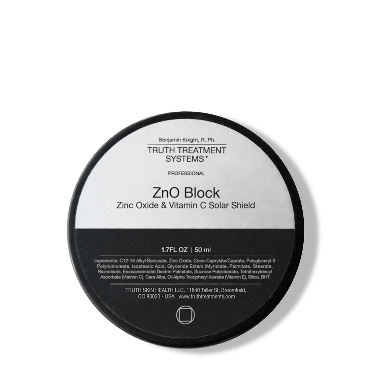 Zinc oxide block with Truth Treatment Systems branding on a white background