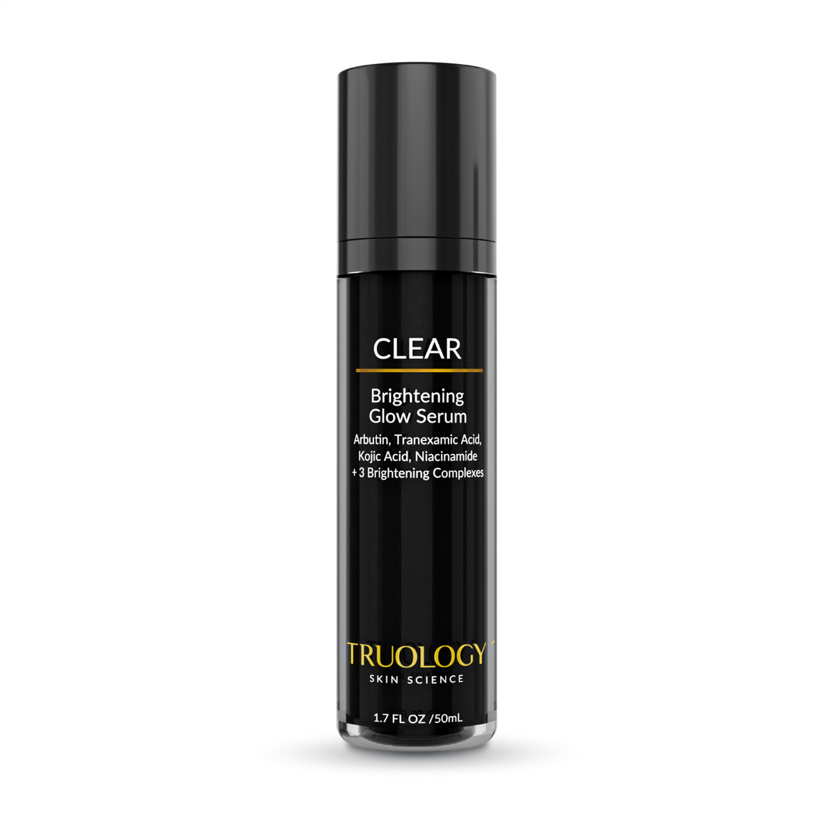Truology Skin Science CLEAR Brightening Glow Serum in a sleek black cylindrical bottle with a matching black cap, set against a clean white background.