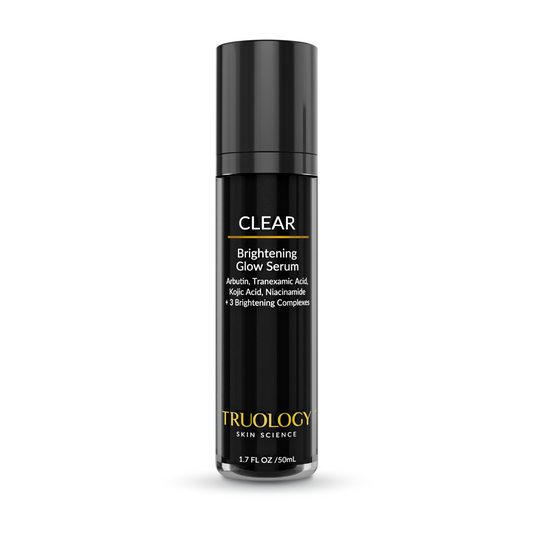 Truology Skin Science CLEAR Brightening Glow Serum in a sleek black cylindrical bottle with a matching black cap, set against a clean white background.
