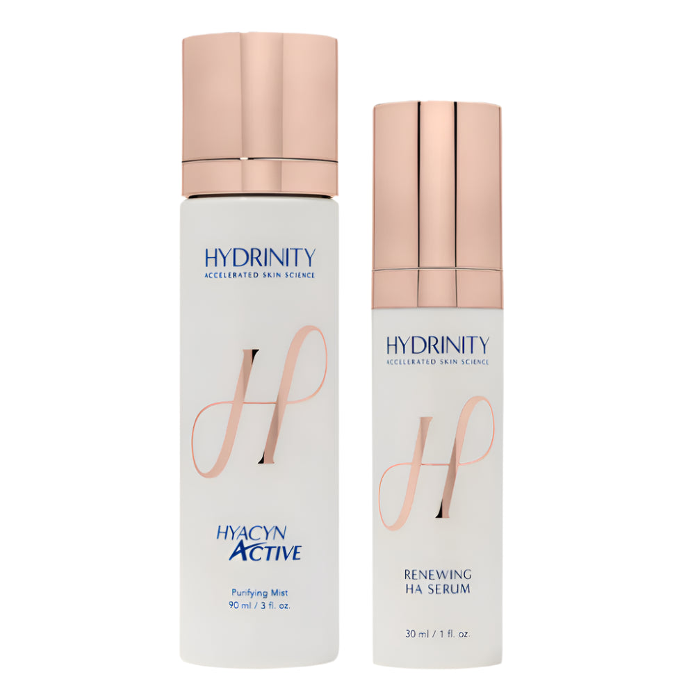 Two skincare bottles from Hydrinity on a white background