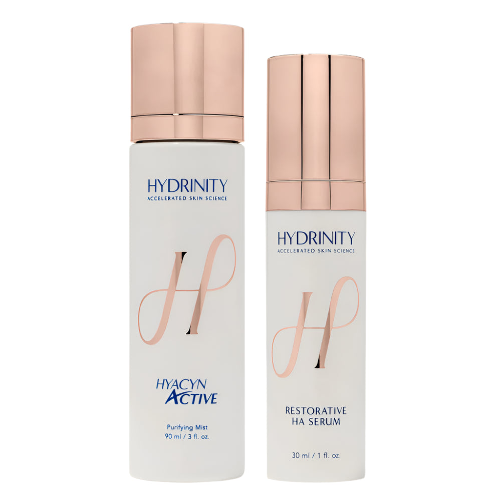 Two skincare bottles from Hydrinity on a white background