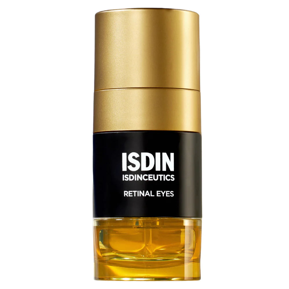 ISDIN eye serum bottle with gold cap and clear container on a white background