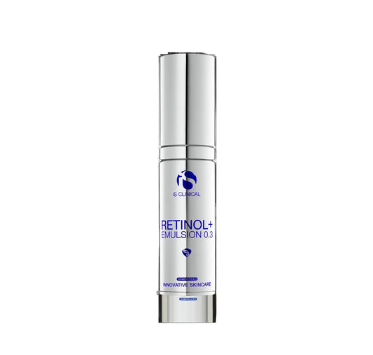 Skincare bottle labeled 'Retinol+ Emulsion 0.3' on a white background