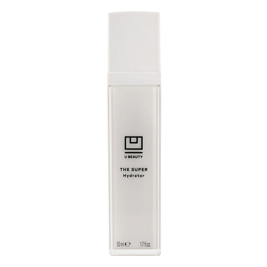 White skincare bottle labeled 'The Super Hydrator' on a white background
