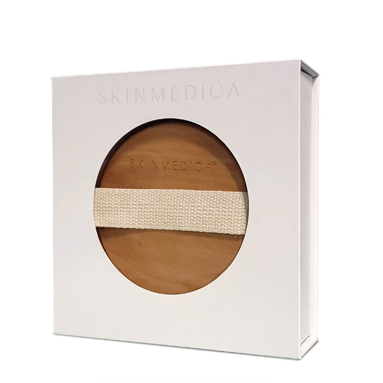 SkinMedica product packaging with a wooden disc and beige band on a white background