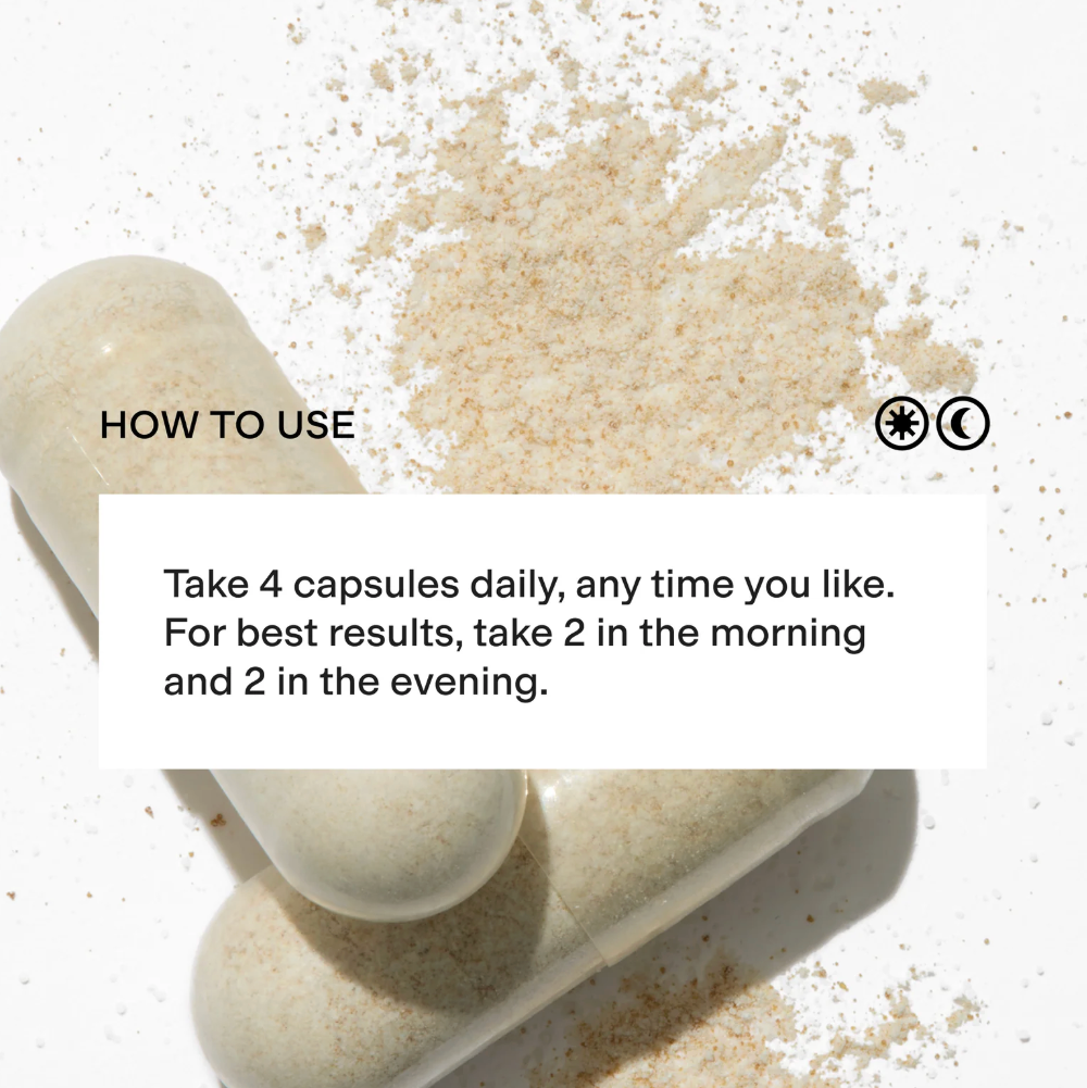 Two capsules and a scoop of powder with text on how to use them.