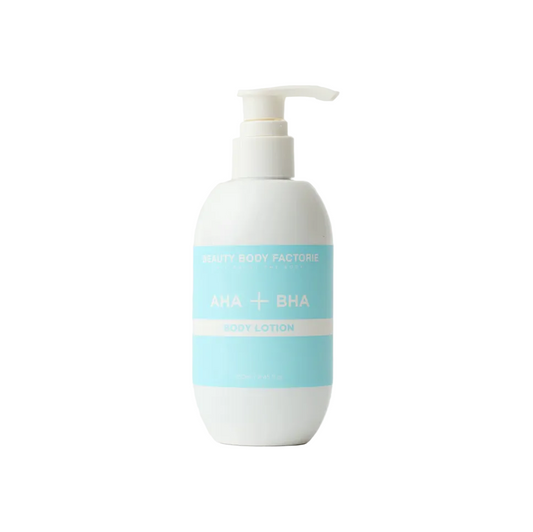KrX Aesthetics Body Factorie AHA + BHA Body Lotion on white background
