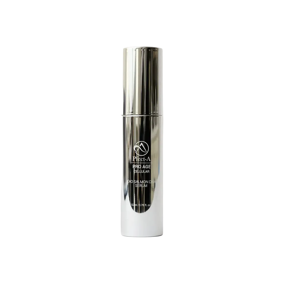 A sleek, metallic silver cosmetic bottle of Pfect-A PRO ACE Cellular Exo Salmon Serumstanding upright against a seamless white background.
