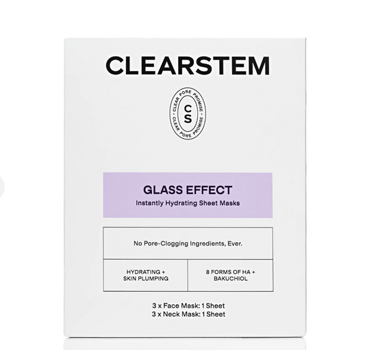 Clearstem Glass Effect Instantly Hydrating Sheet Mask packaging box, featuring a clean white design with a light purple label and black text.