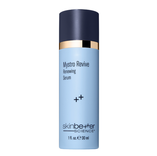 Skincare serum bottle labeled 'Mystro Revive Renewing Serum' by 'skinbetter science' on a gray background