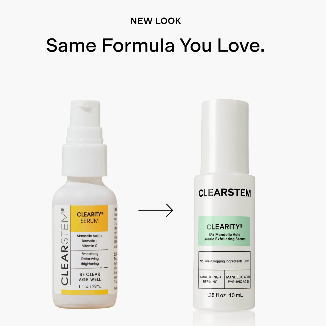 Two CLEARSTEM skincare serum bottles with text indicating a new look but same formula.