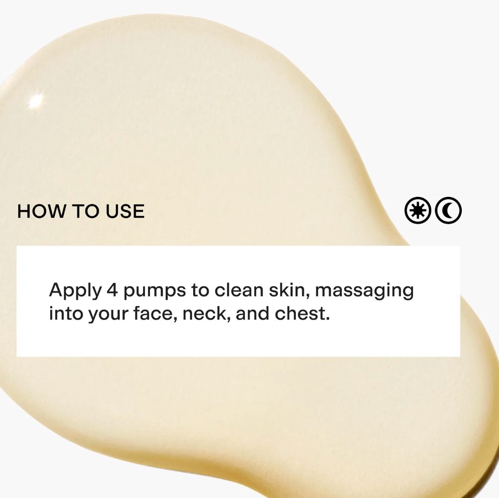 Product application instructions with a beige liquid texture on a white background