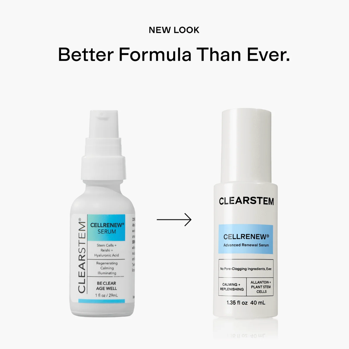 Two CLEARSTEM CELLRENEW skincare products with text indicating a new look and better formula.