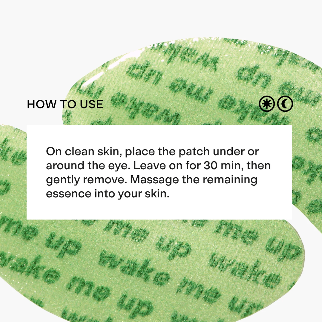 Green eye patch with text on a white background