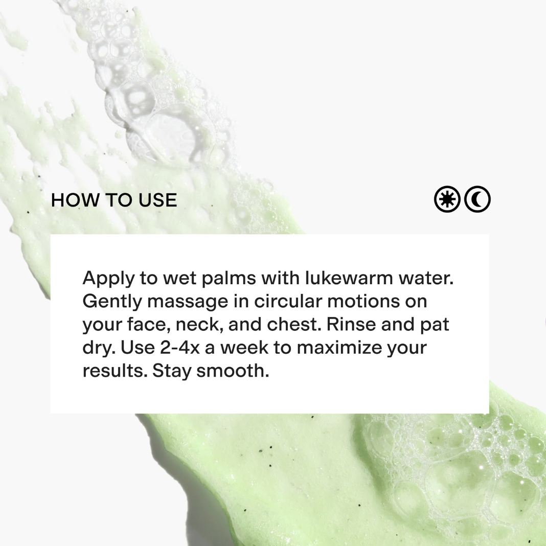 Green skincare product with text on how to use it
