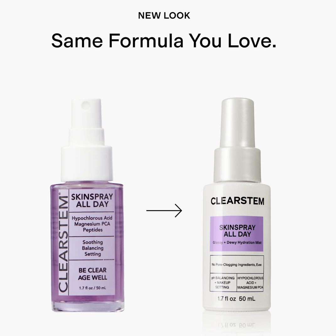 Two bottles of Clearstem Skinspray All Day with text indicating a new look but same formula.