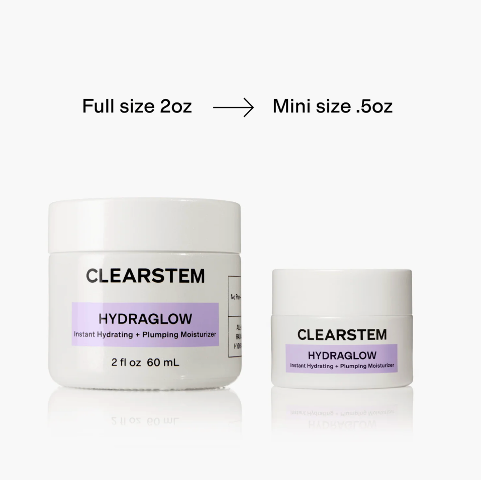Comparison of a full-size 2oz and mini-size .5oz Clearstem Hydraglow moisturizer on a white background.