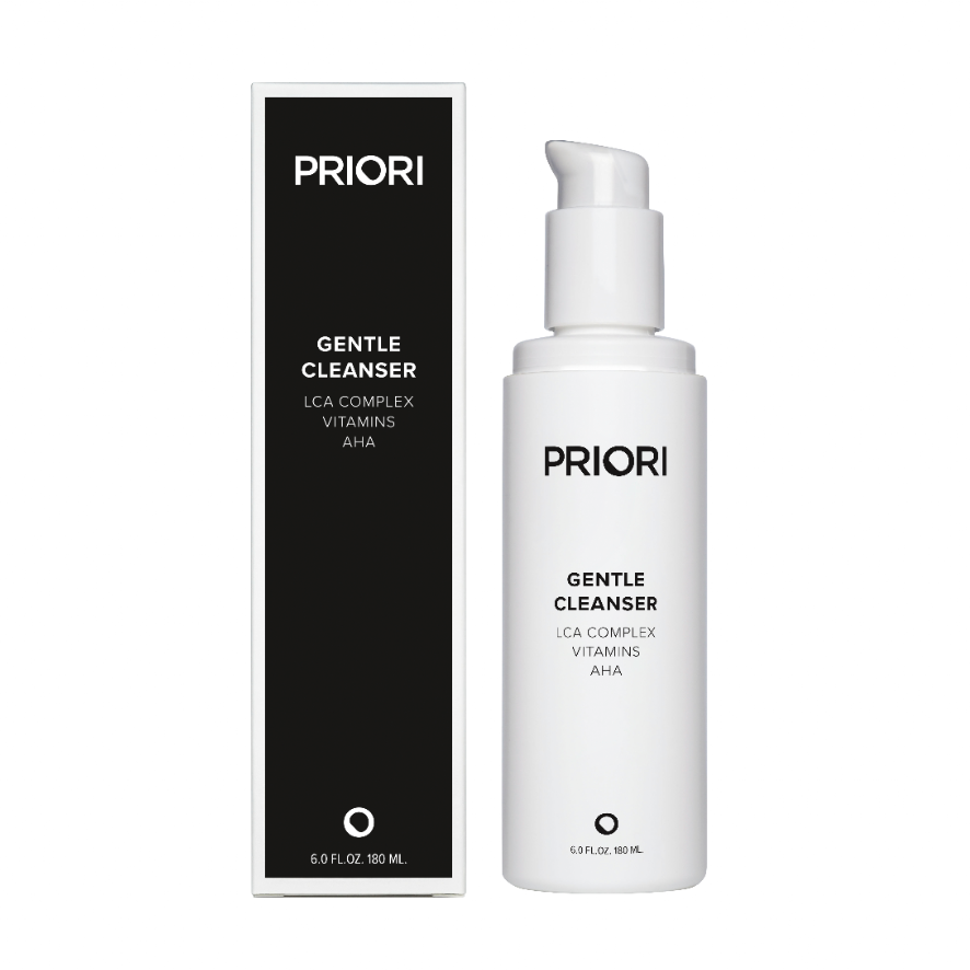 PRIORI Gentle Cleanser skincare set featuring a white pump bottle and a tall black rectangular box, both printed with the product name and brand on a clean white background.