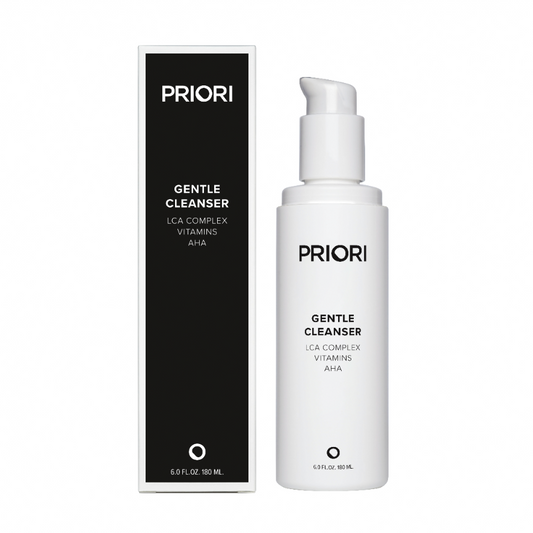 PRIORI Gentle Cleanser skincare set featuring a white pump bottle and a tall black rectangular box, both printed with the product name and brand on a clean white background.