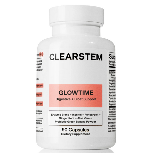 A white bottle of CLEARSTEM GLOWTIME dietary supplement with a white cap, featuring a coral pink label on a clean white background.