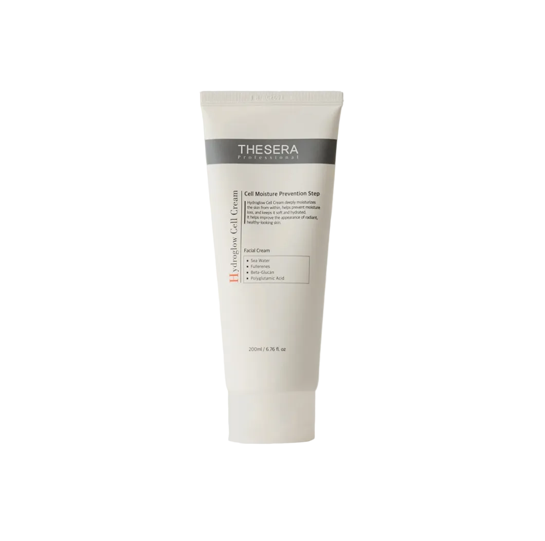 A white tube of THESERA CELLULAR Gel Moisture Prevention Step skincare product, standing upright on a light gray background.