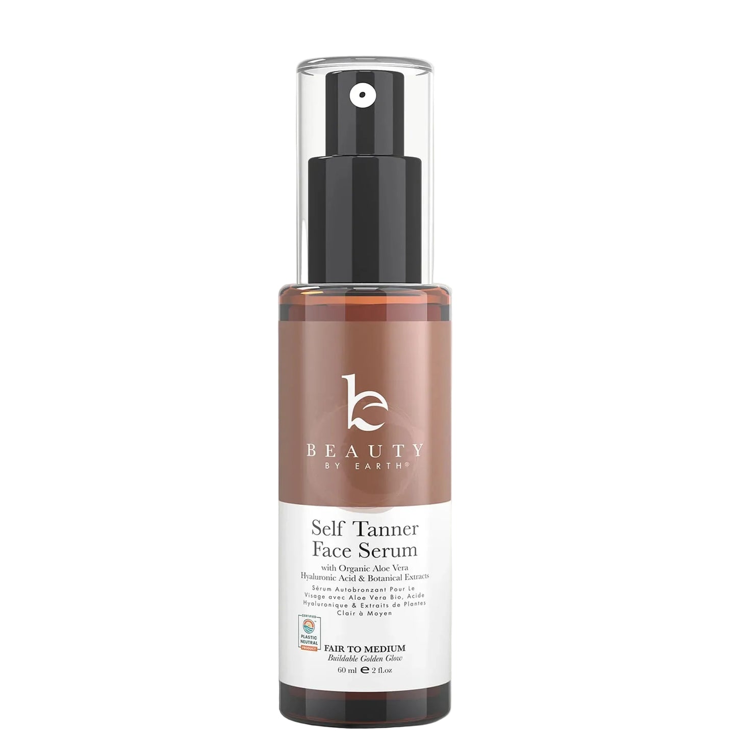 Beauty by Earth self-tanner face serum bottle on a white background - Fair to Medium color