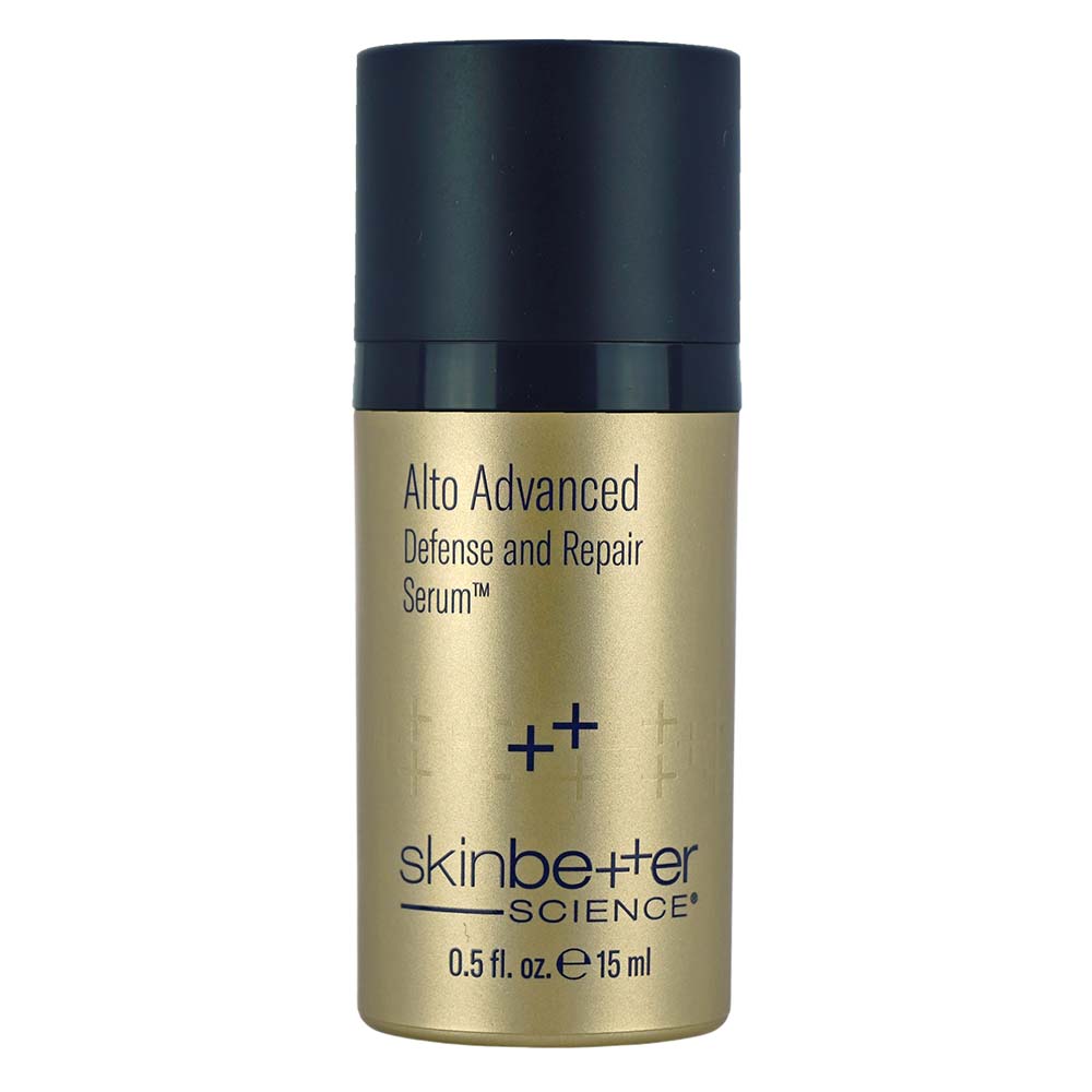 Gold serum bottle with black cap labeled 'Alto Advanced Defense and Repair Serum' by skinbetter science on a white background.