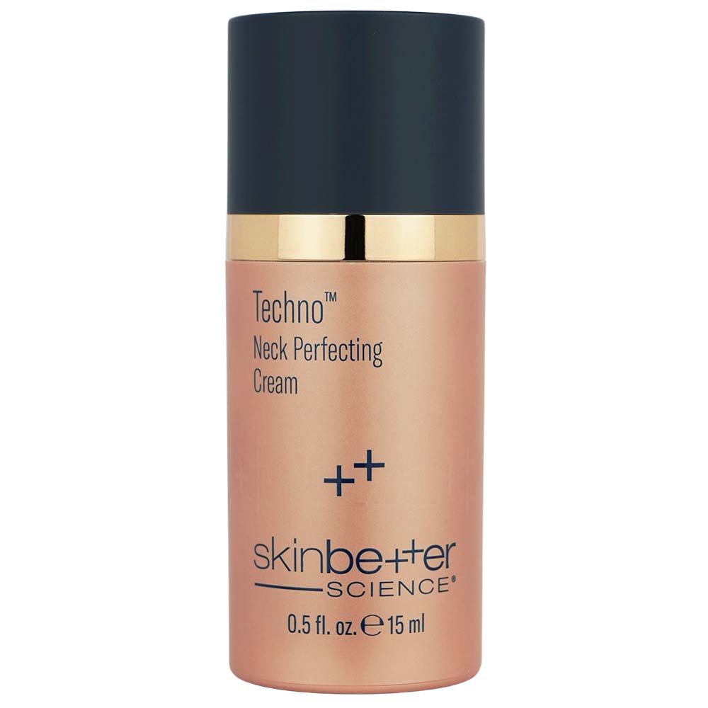 Skincare bottle labeled 'Techno Neck Perfecting Cream' by skinbetter science on a white background