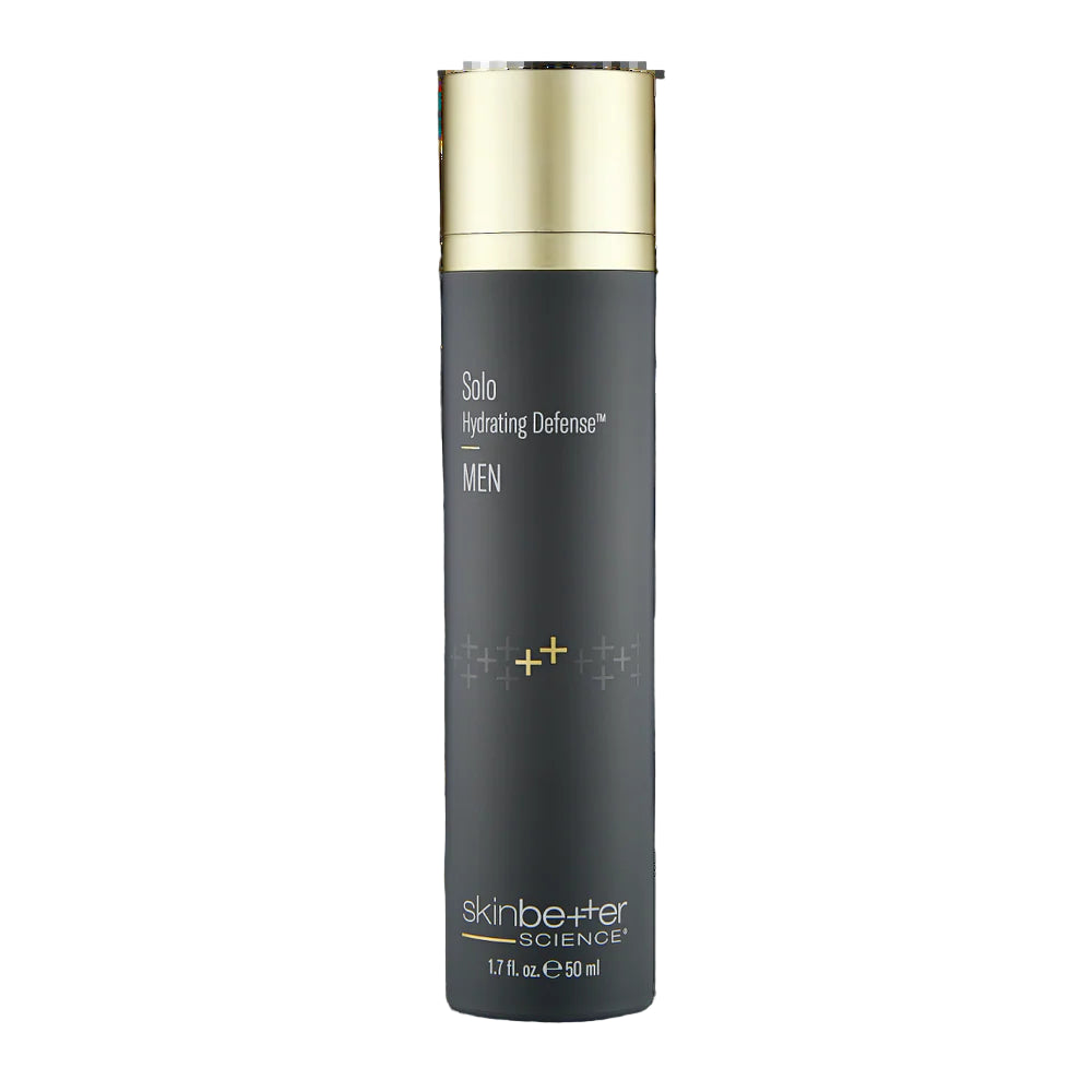 Skincare bottle for men with gold cap on a white background