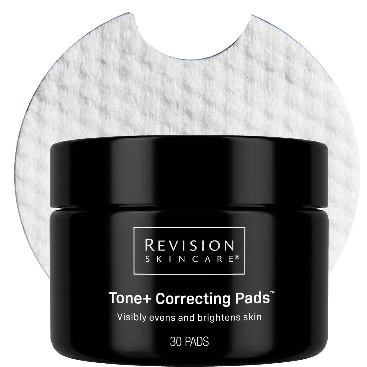 A black jar of Revision Skincare Tone+ Correcting Pads with a white circular graphic behind it showing the pad texture, on a white background.