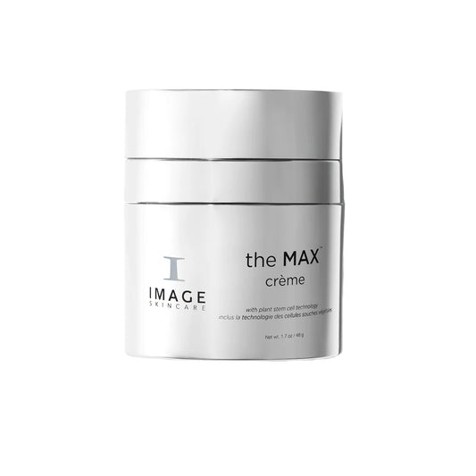 Skincare jar labeled 'the MAX crème' by IMAGE Skincare on a white background