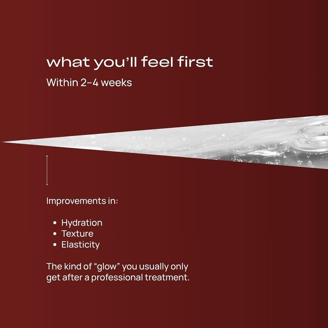 Red background with white text about skincare improvements after a treatment