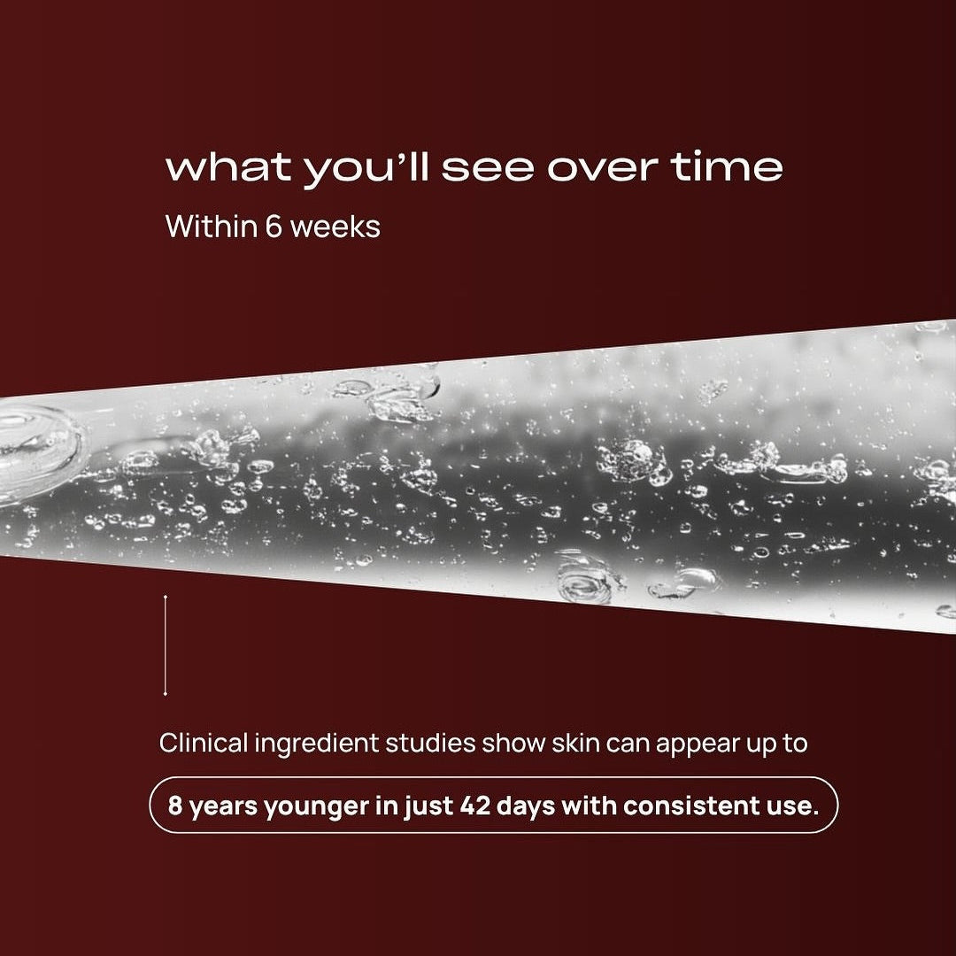 Advertisement for skincare product showing water droplets on a dark background with text about visible results.