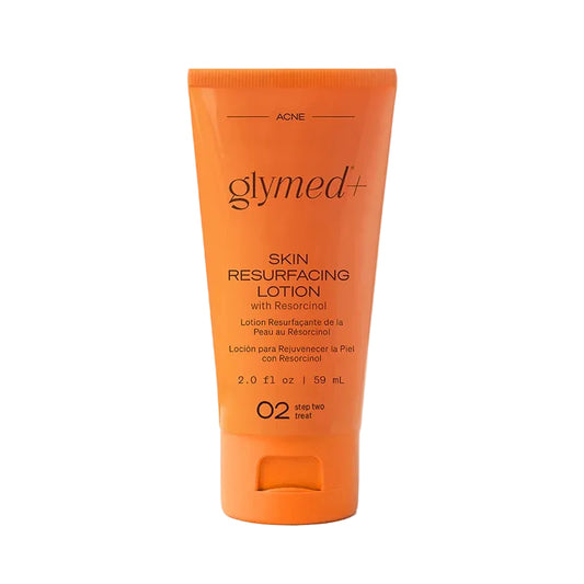 Orange tube of glymed+ Skin Resurfacing Lotion on a light gray background