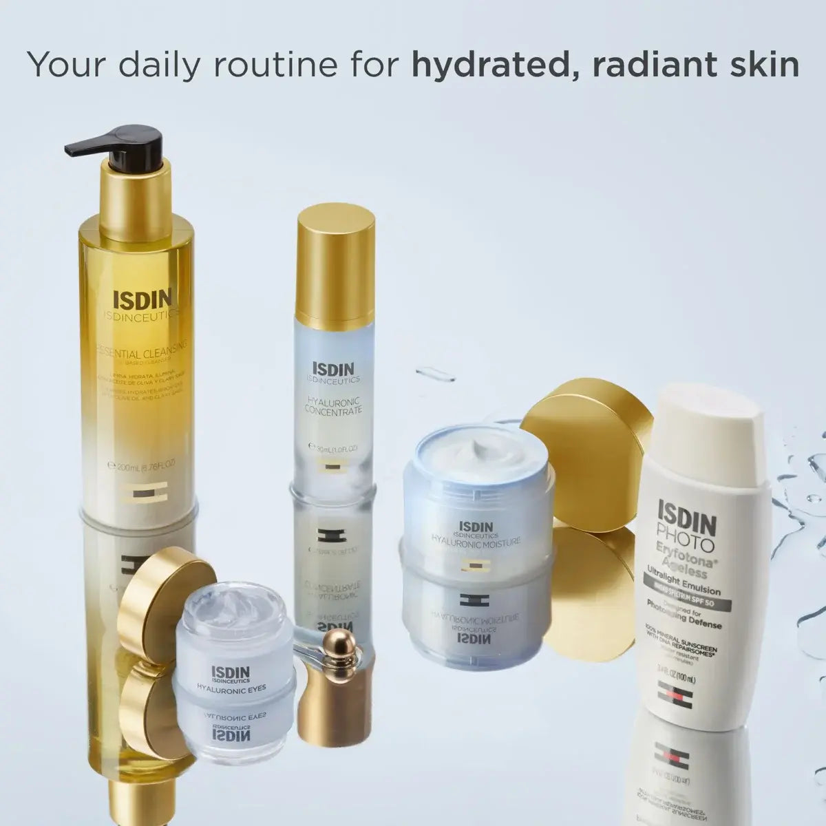 Collection of ISDIN skincare products on a light blue background with text about daily routines for hydrated, radiant skin.
