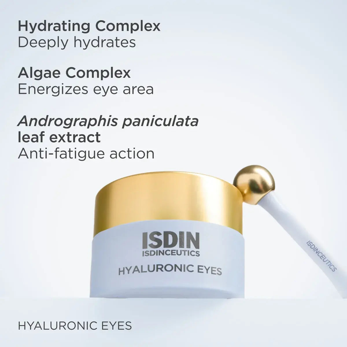 ISDIN Hyaluronic Eyes cream with gold cap and white applicator on a light blue background